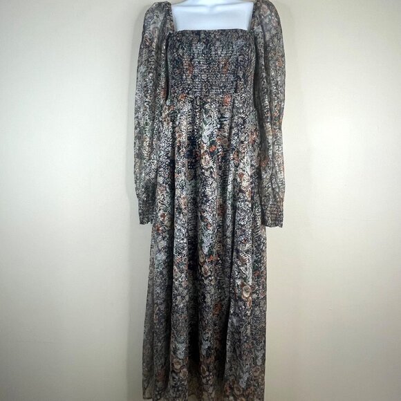 O.P.T. Smocked Cottagecore Renn Faire Maiden Midi Dress Medium Shimmer Floral - Picture 1 of 10